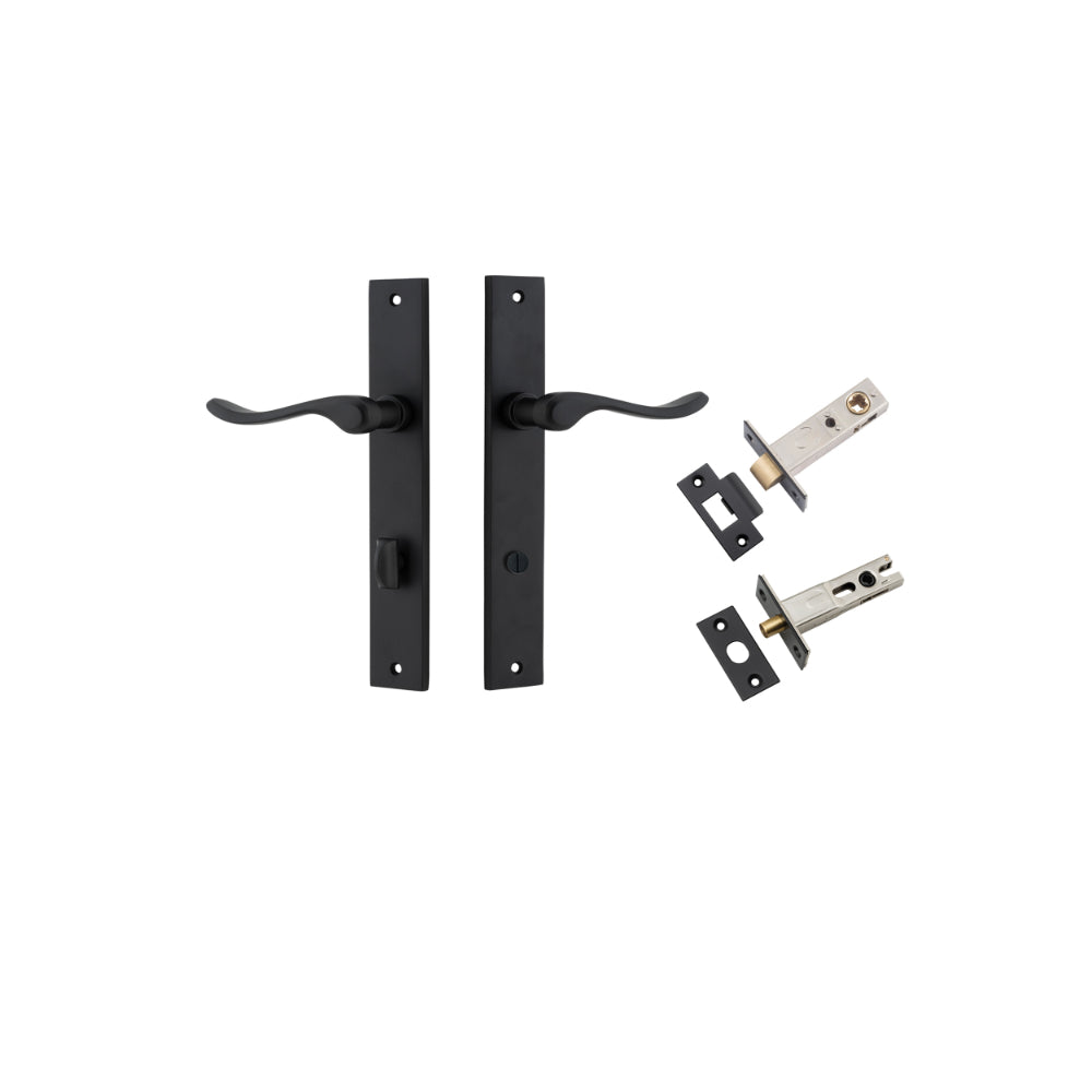 Door Lever Stirling Rectangular Privacy Pair Matt Black CTC85mm H240xW38xP64mm Privacy Kit, Tube Latch Split Cam 'T' Striker Matt Black Backset 60mm, Privacy Bolt Round Bolt Matt Black Backset 60mm in Matt Black