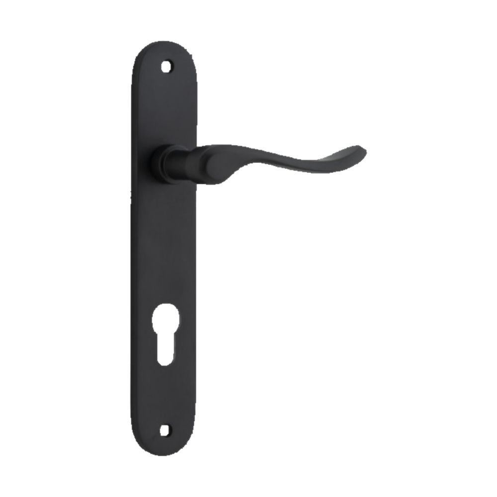 Door Lever Stirling Oval Euro Pair Matt Black CTC85mm H240xW40xP64mm in Matt Black