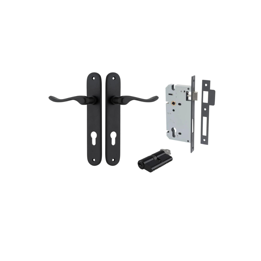 Door Lever Stirling Oval Euro Pair Matt Black CTC85mm H240xW40xP64mm Entrance Kit Mortice Lock Euro Matt Black CTC85mm Backset 60mm, Euro Cylinder Dual Function 5 Pin Matt Black L65mm KA1 in Matt Black
