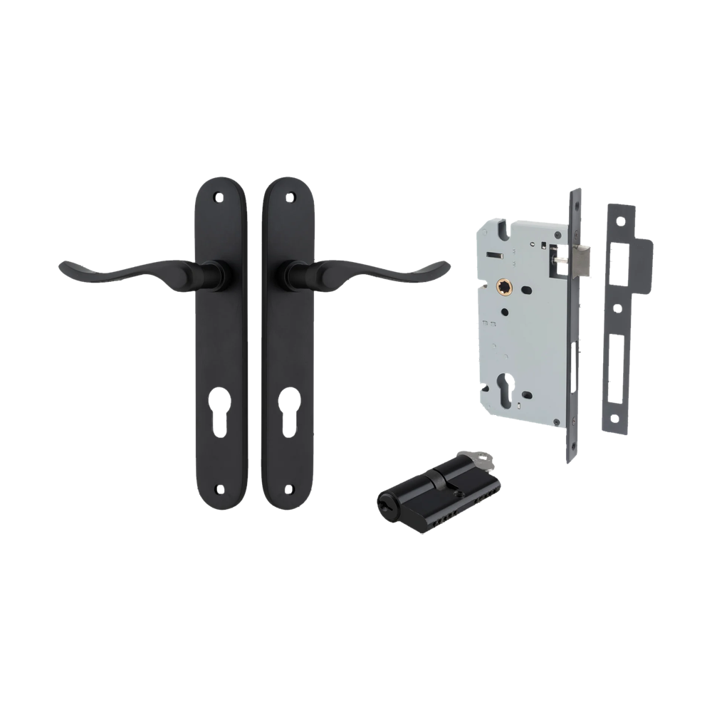 Door Lever Stirling Oval Euro Pair Matt Black CTC85mm H240xW40xP64mm Entrance Kit Mortice Lock Euro Matt Black CTC85mm Backset 60mm, Euro Cylinder Dual Function 5 Pin Matt Black L65mm KA1 in Matt Black