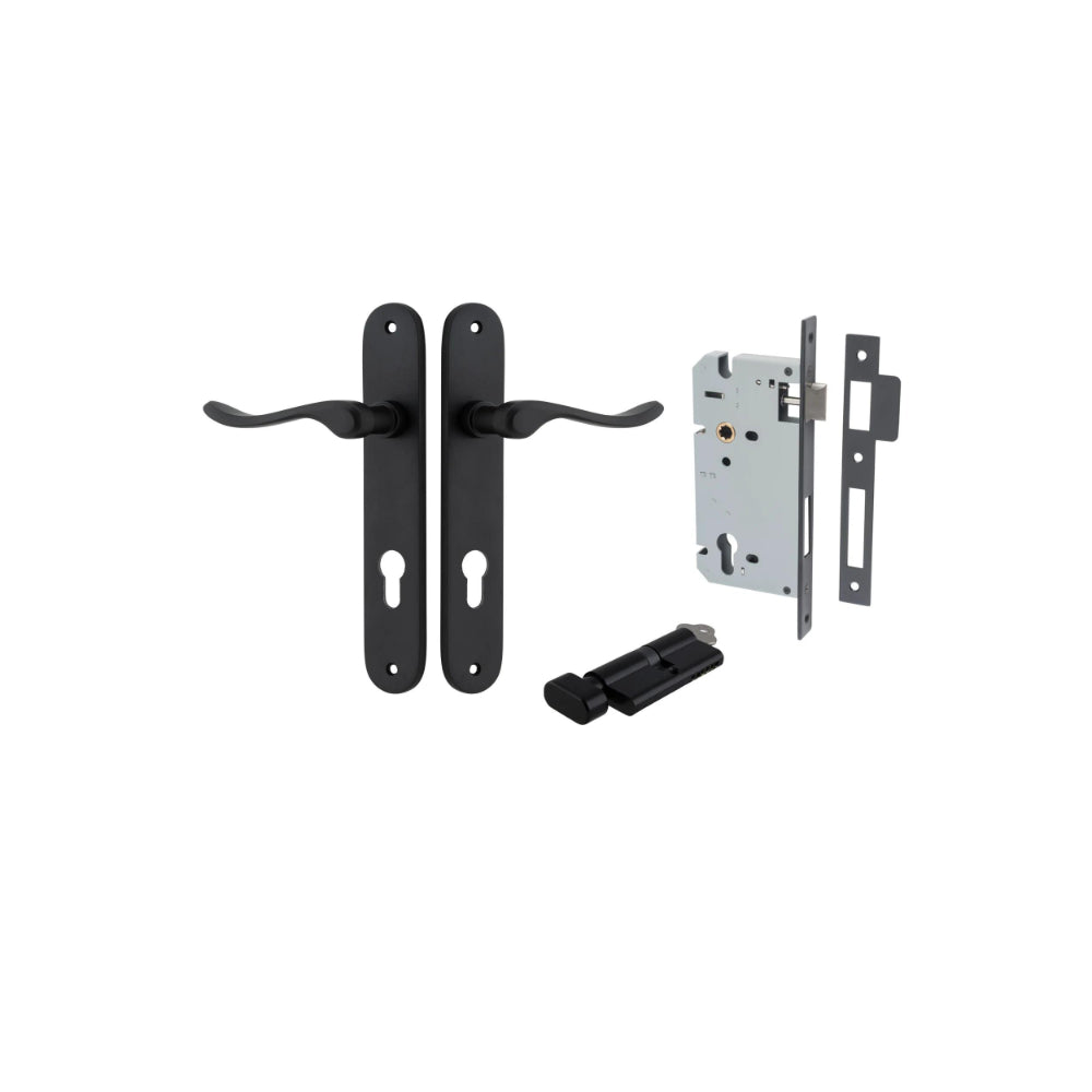 Door Lever Stirling Oval Euro Pair Matt Black CTC85mm H240xW40xP64mm Entrance Kit Mortice Lock Euro Matt Black CTC85mm Backset 60mm, Euro Cylinder Key Thumb 6 Pin Matt Black L70mm KA1 in Matt Black