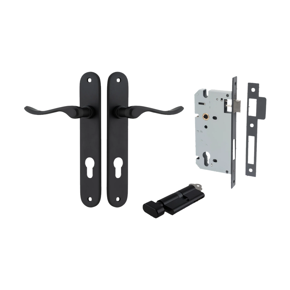 Door Lever Stirling Oval Euro Pair Matt Black CTC85mm H240xW40xP64mm Entrance Kit Mortice Lock Euro Matt Black CTC85mm Backset 60mm, Euro Cylinder Key Thumb 6 Pin Matt Black L70mm KA1 in Matt Black