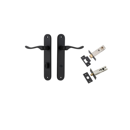 Door Lever Stirling Oval Privacy Pair Matt Black CTC85mm H240xW40xP64mm Privacy Kit Tube Latch Split Cam 'T' Striker Matt Black Backset 60mm, Privacy Bolt Round Bolt Matt Black Backset 60mm in Matt Black