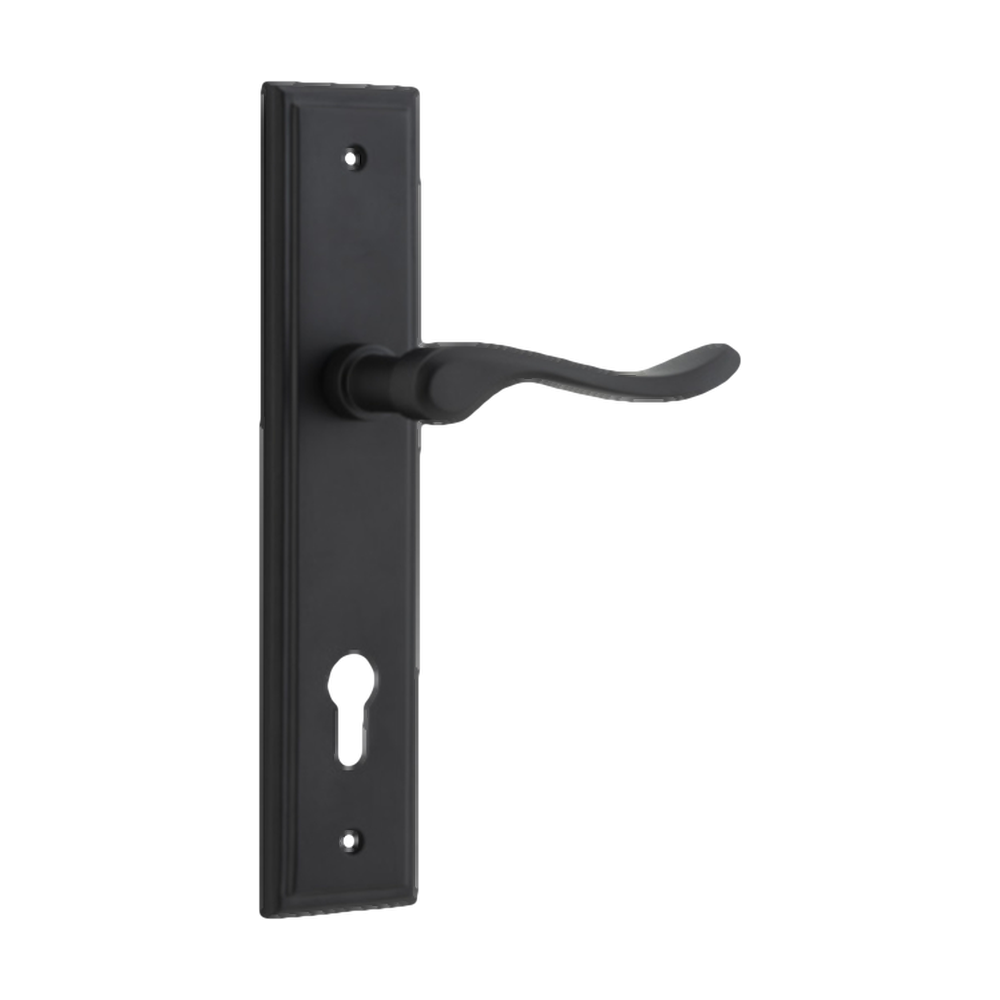 Door Lever Stirling Stepped Euro Pair Matt Black CTC85mm H237xW50xP64mm in Matt Black