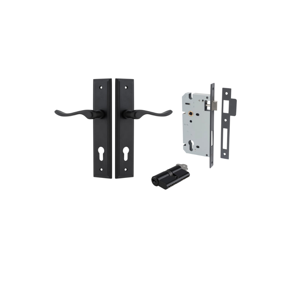 Door Lever Stirling Stepped Euro Pair Matt Black CTC85mm H237xW50xP64mm Entrance Kit Mortice Lock Euro Matt Black CTC85mm Backset 60mm, Euro Cylinder Dual Function 5 Pin Matt Black L65mm KA1 in Matt Black