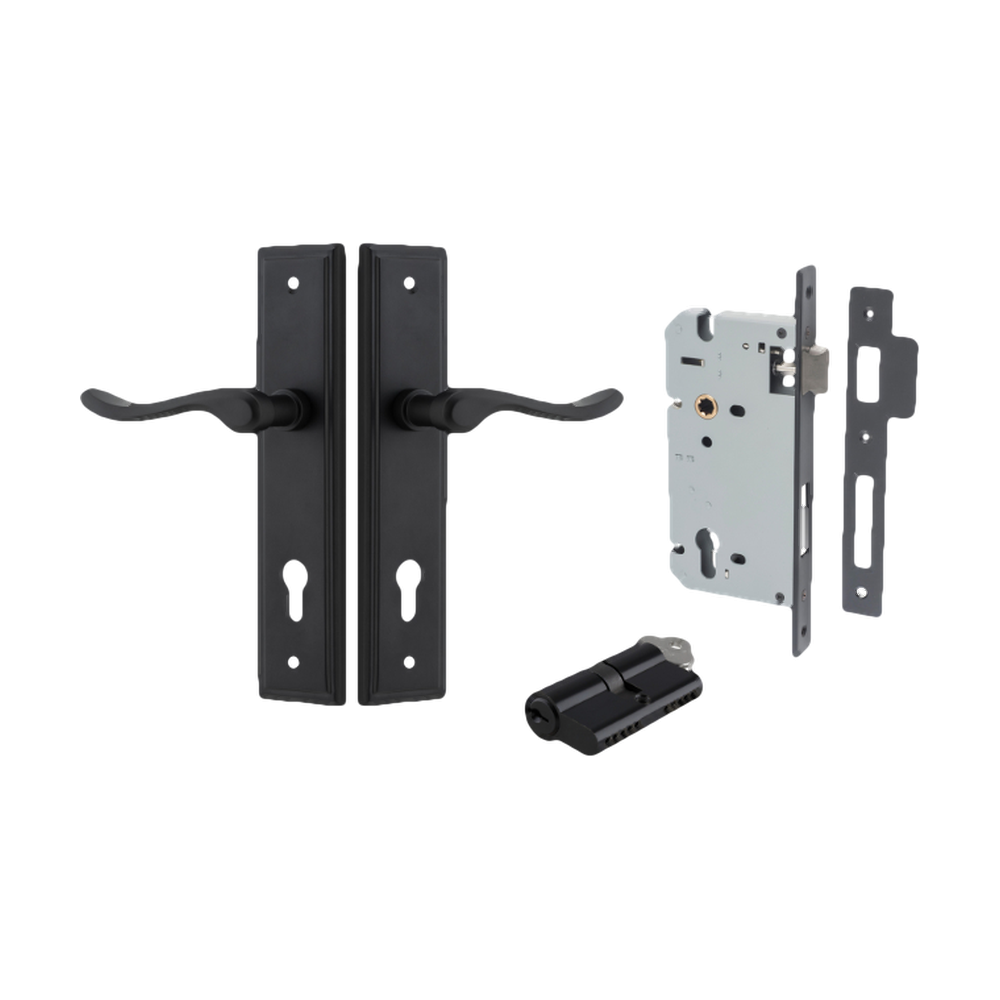 Door Lever Stirling Stepped Euro Pair Matt Black CTC85mm H237xW50xP64mm Entrance Kit Mortice Lock Euro Matt Black CTC85mm Backset 60mm, Euro Cylinder Dual Function 5 Pin Matt Black L65mm KA1 in Matt Black
