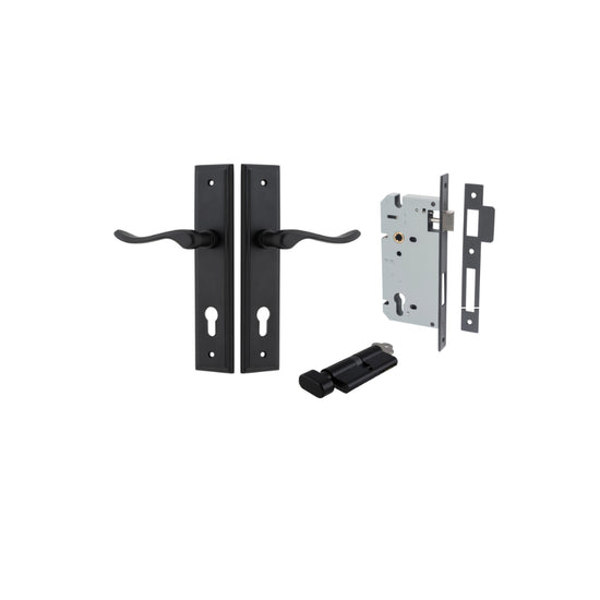 Door Lever Stirling Stepped Euro Pair Matt Black CTC85mm H237xW50xP64mm Entrance Kit Mortice Lock Euro Matt Black CTC85mm Backset 60mm, Euro Cylinder Key Thumb 6 Pin Matt Black L70mm KA1 in Matt Black