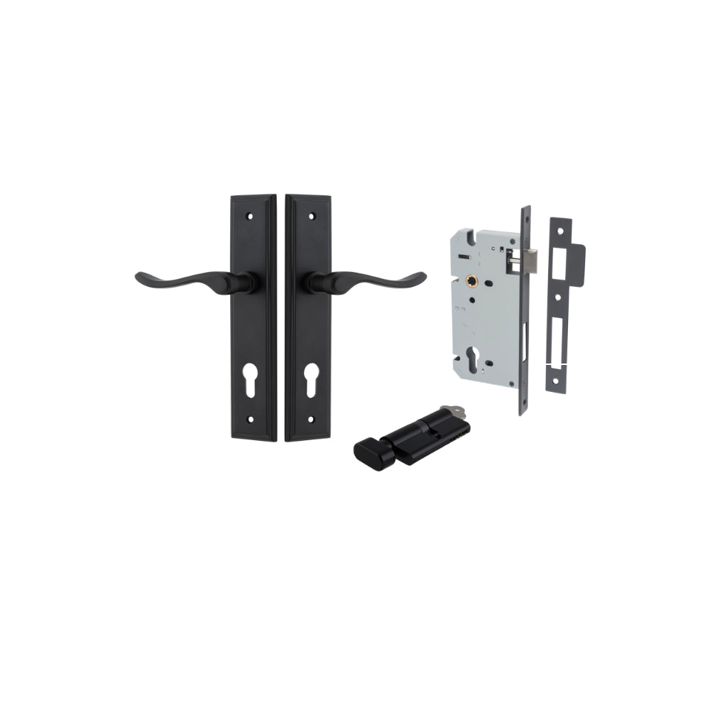 Door Lever Stirling Stepped Euro Pair Matt Black CTC85mm H237xW50xP64mm Entrance Kit Mortice Lock Euro Matt Black CTC85mm Backset 60mm, Euro Cylinder Key Thumb 6 Pin Matt Black L70mm KA1 in Matt Black