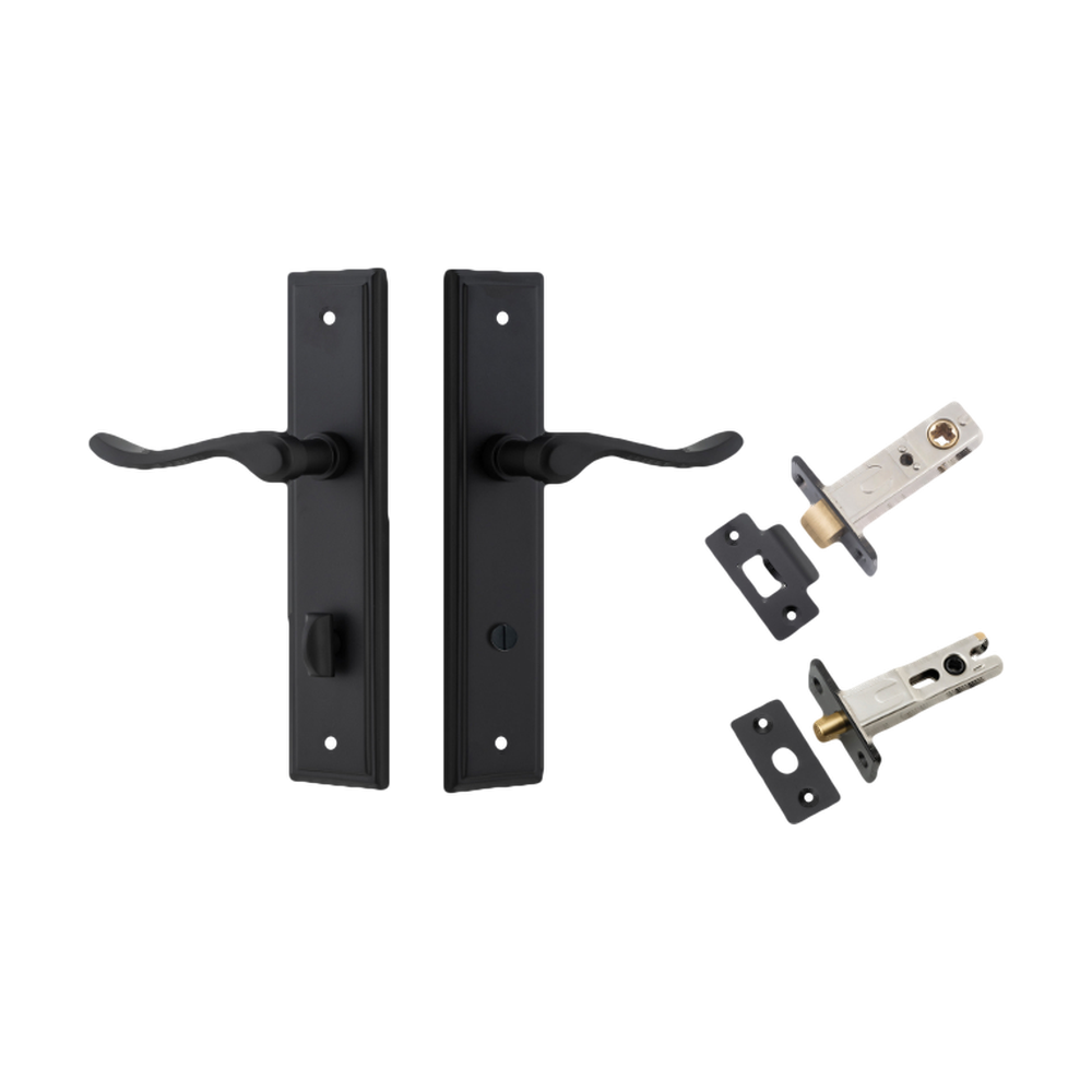 Door Lever Stirling Stepped Privacy Pair Matt Black CTC85mm H237xW50xP64mm Privacy Kit Tube Latch Split Cam 'T' Striker Matt Black Backset 60mm, Privacy Bolt Round Bolt Matt Black Backset 60mm in Matt Black