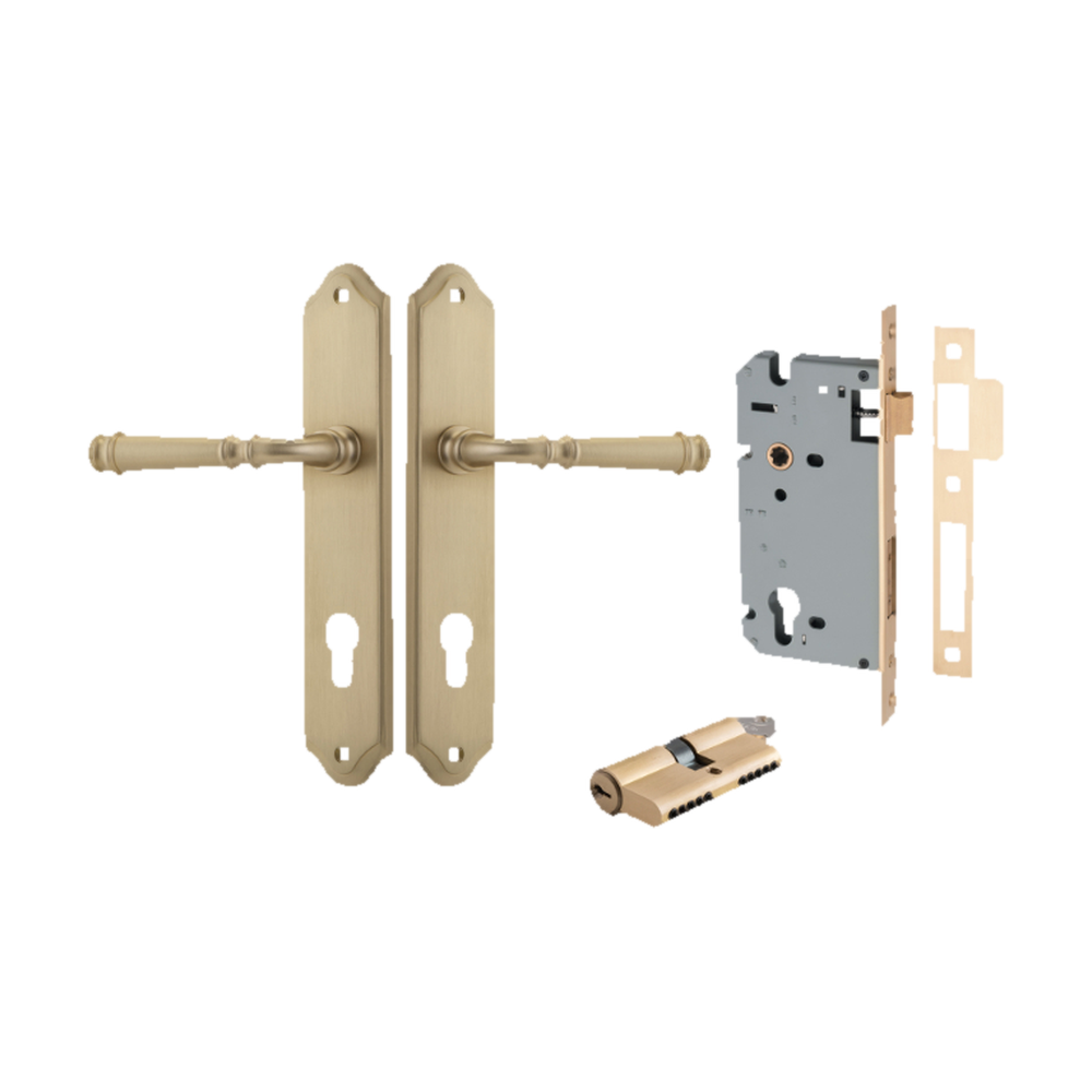 Door Lever Verona Shouldered Euro Brushed Brass CTC85mm H240xW50xP59mm Entrance Kit Mortice Lock Euro Brushed Brass CTC85mm Backset 60mm, Euro Cylinder Dual Function 5 Pin Brushed Brass L65mm KA1 in Brushed Brass