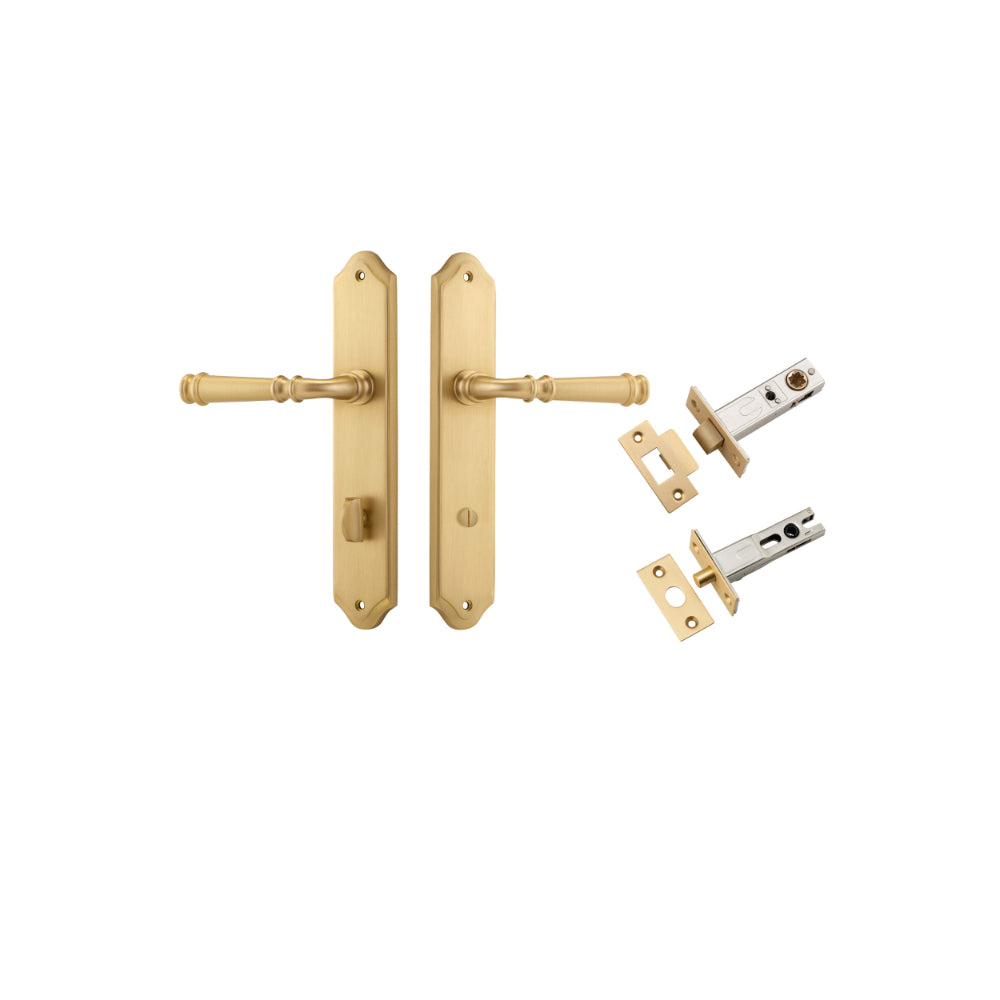 Door Lever Verona Shouldered Privacy Brushed Brass CTC85mm H240xW50xP59mm Inbuilt Privacy Kit Tube Latch Split Cam 'T' Striker Brushed Brass Backset 60mm, Privacy Bolt Round Bolt Brushed Brass Backset 60mm in Brushed Brass