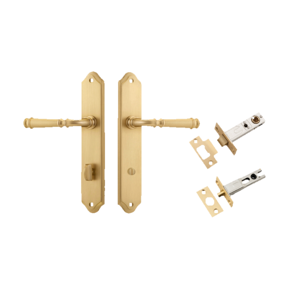Door Lever Verona Shouldered Privacy Brushed Brass CTC85mm H240xW50xP59mm Inbuilt Privacy Kit Tube Latch Split Cam 'T' Striker Brushed Brass Backset 60mm, Privacy Bolt Round Bolt Brushed Brass Backset 60mm in Brushed Brass