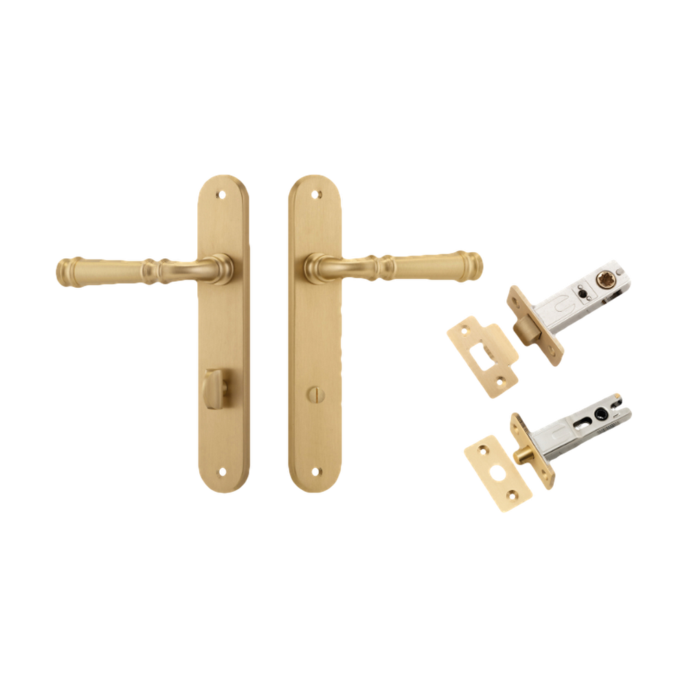 Door Lever Verona Oval Privacy Brushed Brass CTC85mm H240xW40xP59mm Inbuilt Privacy Kit Tube Latch Split Cam 'T' Striker Brushed Brass Backset 60mm, Privacy Bolt Round Bolt Brushed Brass Backset 60mm in Brushed Brass