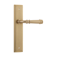 Pair of Iver Verona lever handles on stepped backplates, showcasing elegant architectural hardware design in a close-up view.