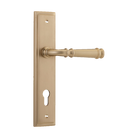 Pair of Iver Verona lever handles on stepped backplates, showcasing elegant architectural hardware design in a polished finish.
