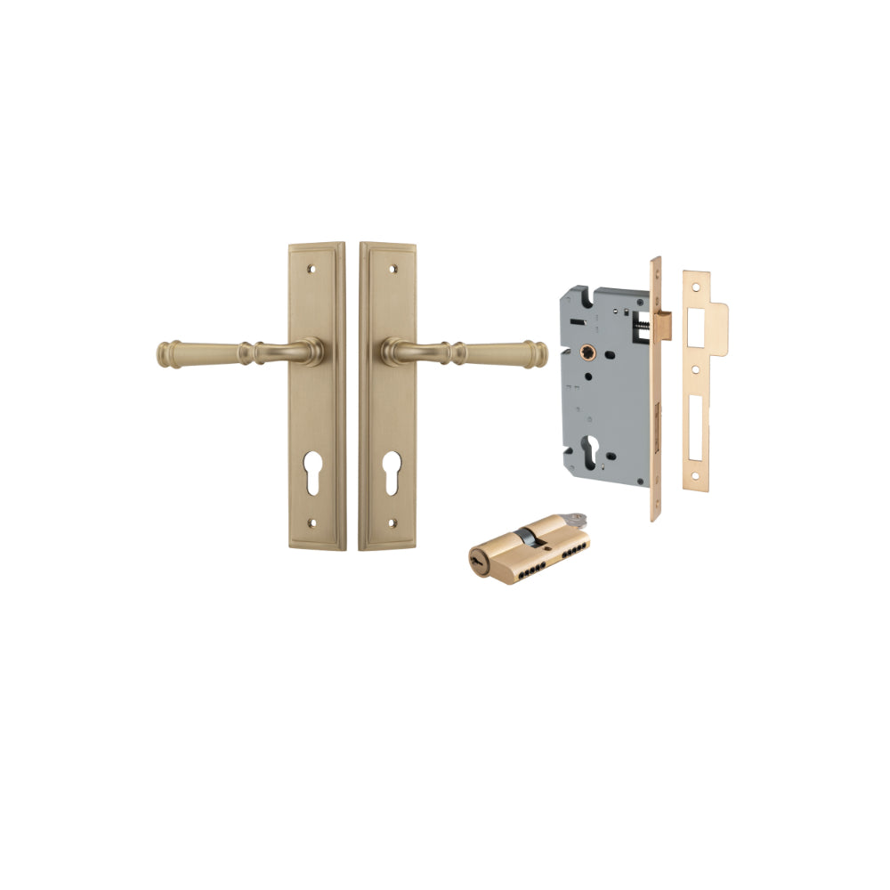 Door Lever Verona Stepped Euro Brushed Brass CTC85mm H240xW50xP59mm Entrance Kit Mortice Lock Euro Brushed Brass CTC85mm Backset 60mm, Euro Cylinder Dual Function 5 Pin Brushed Brass L65mm KA1 in Brushed Brass