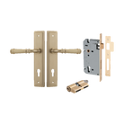 Pair of Iver Verona lever handles on stepped backplates, modern architectural hardware for doors.