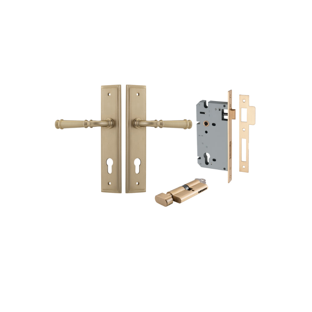 Door Lever Verona Stepped Euro Brushed Brass CTC85mm H240xW50xP59mm Entrance Kit Mortice Lock Euro Brushed Brass CTC85mm Backset 60mm, Euro Cylinder Key Thumb 6 Pin Brushed Brass L70mm  

 KA1 in Brushed Brass