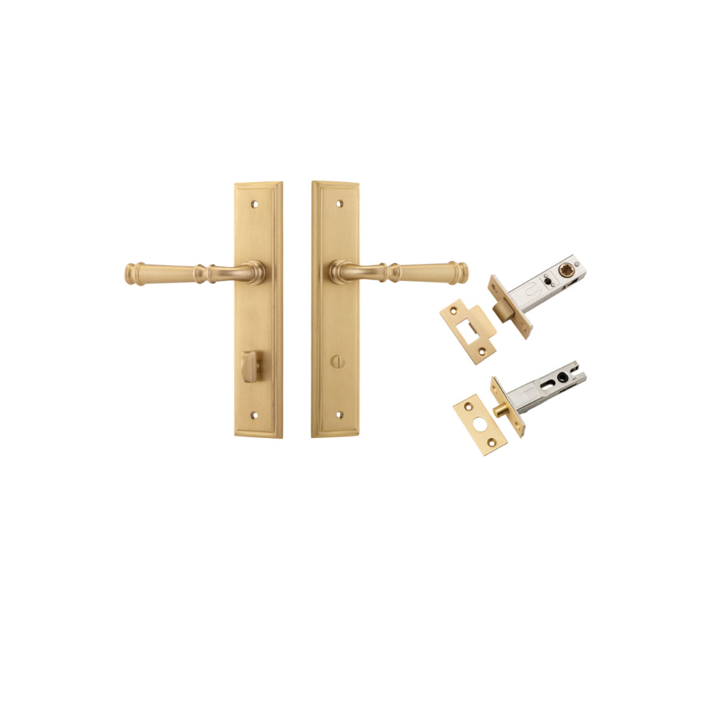 Door Lever Verona Stepped Privacy Brushed Brass CTC85mm H240xW50xP59mm Inbuilt Privacy Kit Tube Latch Split Cam 'T' Striker Brushed Brass Backset 60mm, Privacy Bolt Round Bolt Brushed Brass Backset 60mm in Brushed Brass