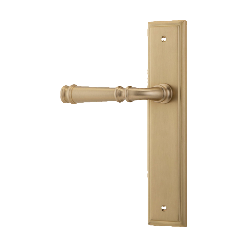 Door Lever Verona Stepped Latch Left Hand Fixed Brushed Brass L122xP59mm BPH237xW50mm in Brushed Brass