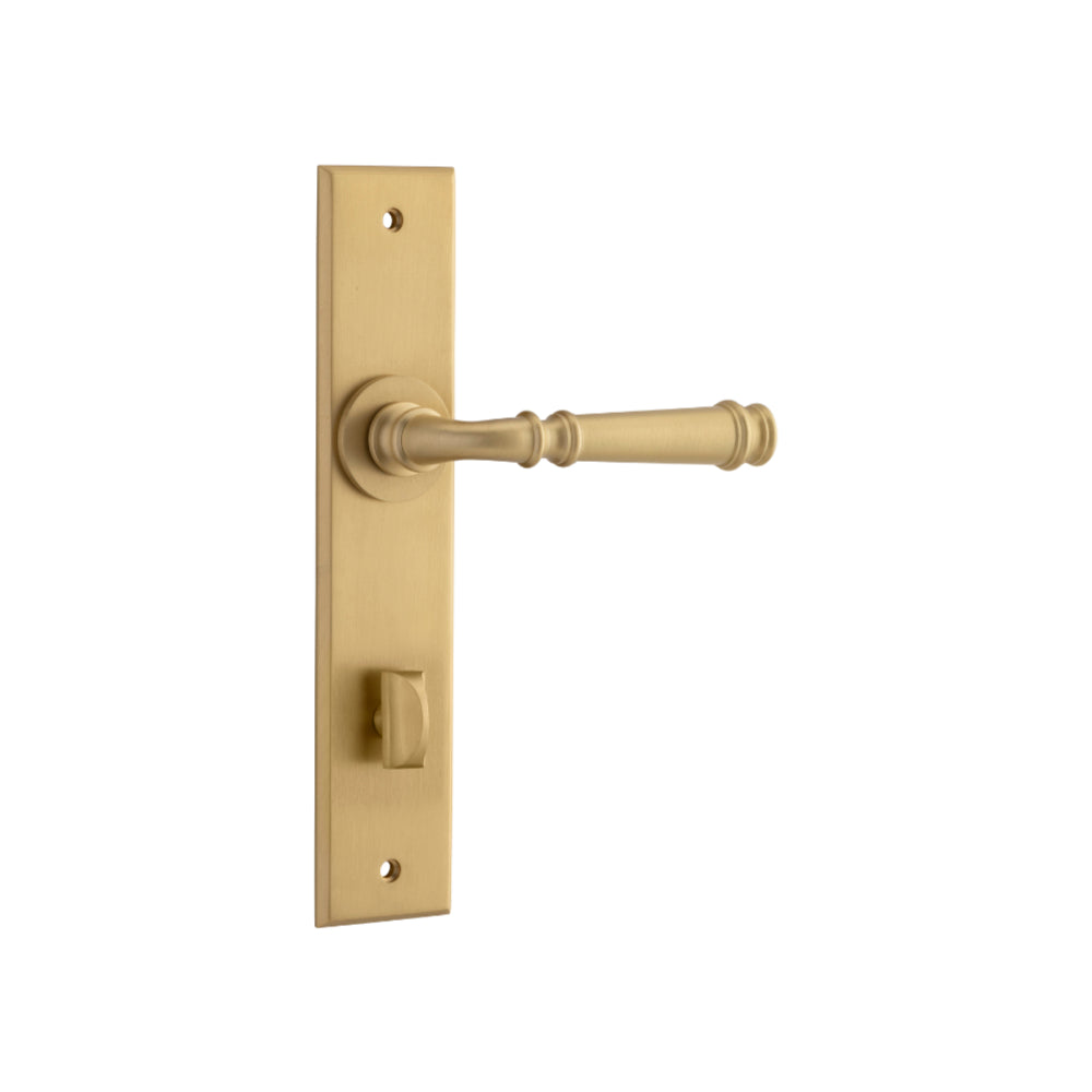 Door Lever Verona Chamfered Privacy Brushed Brass CTC85mm H240xW50xP59mm in Satin Brass