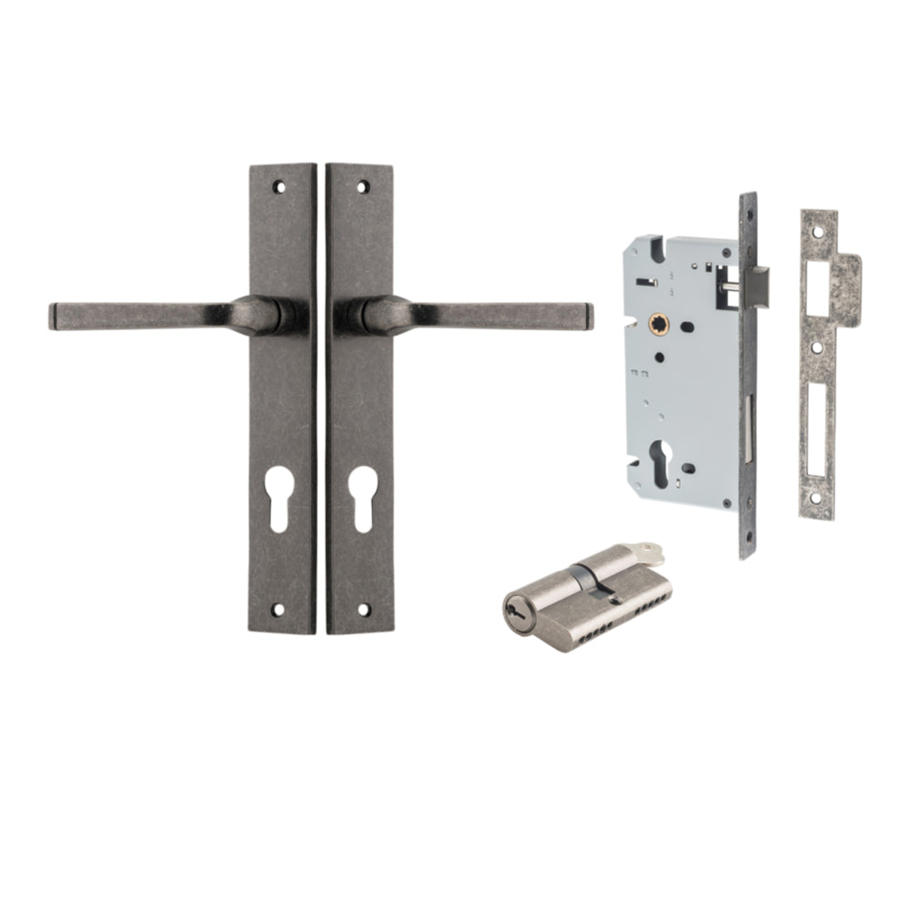 Door Lever Annecy Rectangular Euro Distressed Nickel CTC85mm H240xW38xP65mm Entrance Kit, Mortice Lock Euro Distressed Nickel CTC85mm Backset 60mm, Euro Cylinder Dual Function 5 Pin Distressed Nickel L65mm KA1 in Distressed Nickel