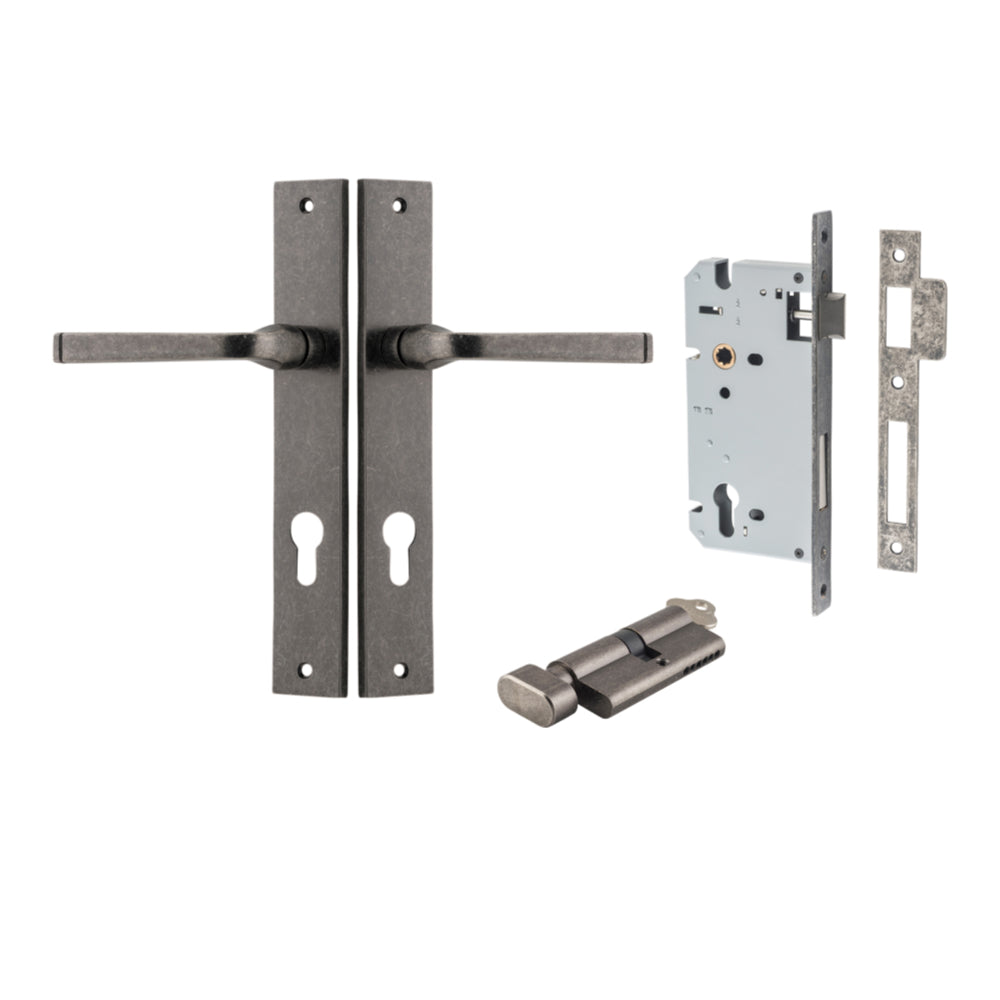 Door Lever Annecy Rectangular Euro Distressed Nickel CTC85mm H240xW38xP65mm Entrance Kit, Mortice Lock Euro Distressed Nickel CTC85mm Backset 60mm, Euro Cylinder Key Thumb 6 Pin Distressed Nickel L70mm KA1 in Distressed Nickel