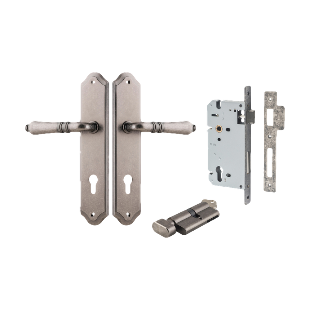 Door Lever Sarlat Shouldered Euro Distressed Nickel CTC85mm H250xW48xP57mm Entrance Kit Mortice Lock Euro Distressed Nickel CTC85mm Backset 60mm, Euro Cylinder Key Thumb 6 Pin Distressed Nickel L70mm KA1 in Distressed Nickel