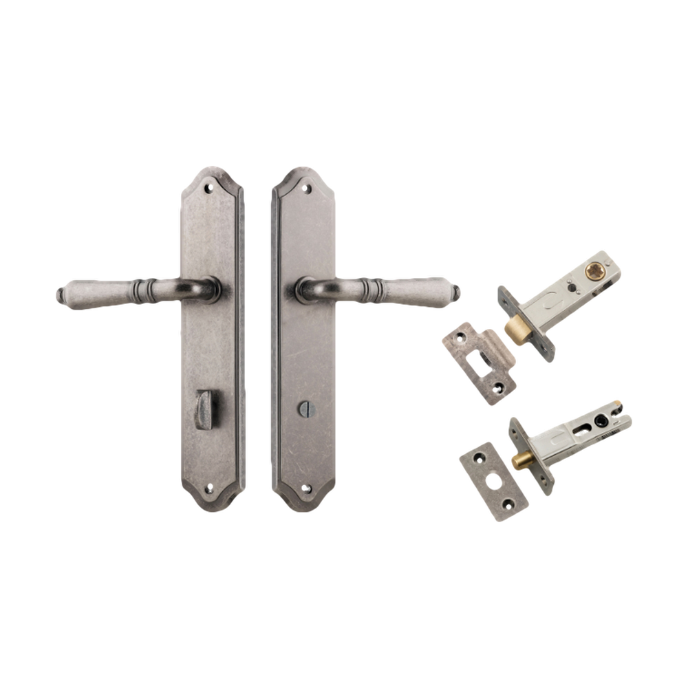 Door Lever Sarlat Shouldered Privacy Distressed Nickel CTC85mm H250xW48xP57mm Privacy Kit Tube Latch Split Cam 'T' Striker Distressed Nickel Backset 60mm, Privacy Bolt Round Bolt Distressed Nickel Backset 60mm in Distressed Nickel
