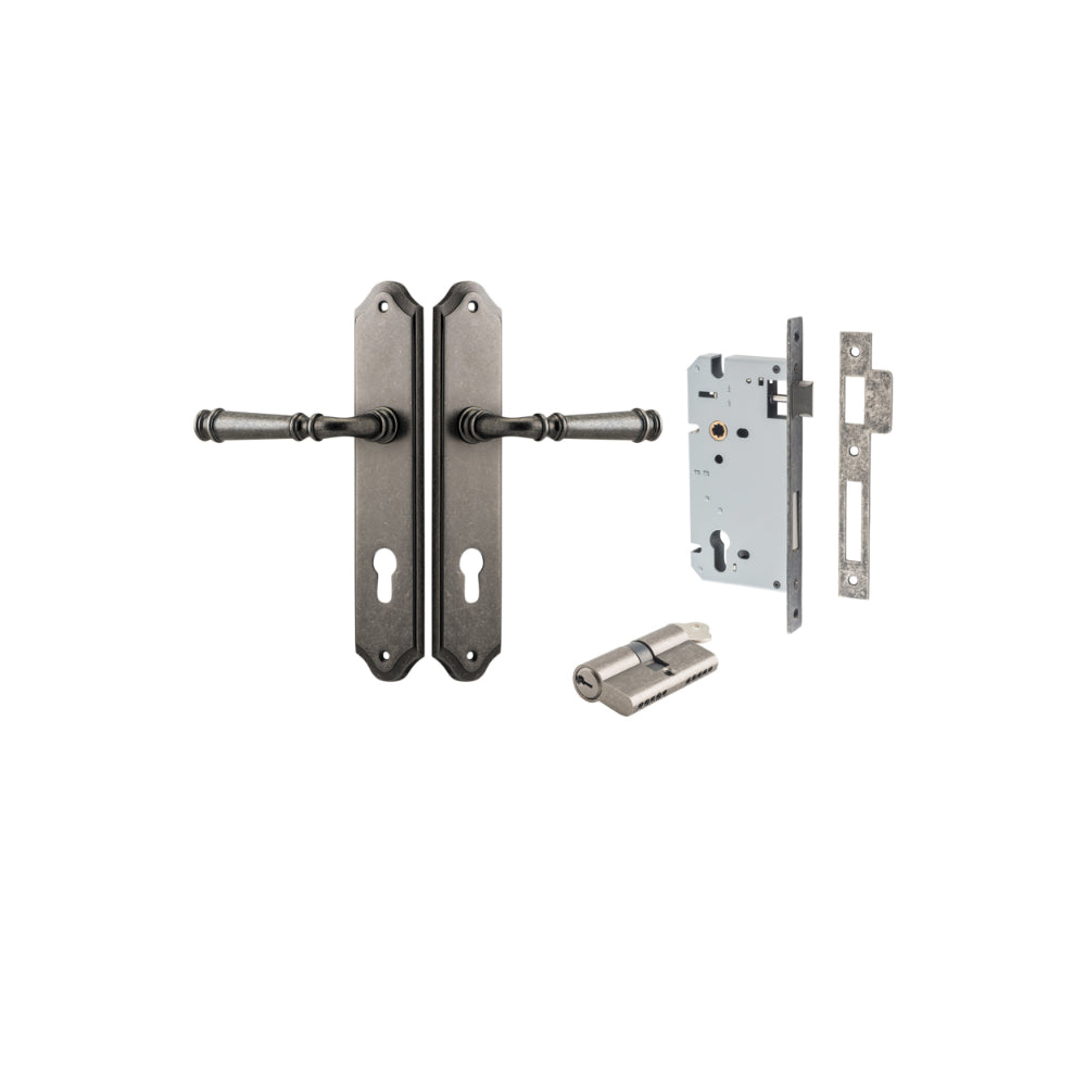 Door Lever Verona Shouldered Euro Distressed Nickel CTC85mm H240xW50xP59mm Entrance Kit Mortice Lock Euro Distressed Nickel CTC85mm Backset 60mm, Euro Cylinder Dual Function 5 Pin Distressed Nickel L65mm KA1 in Distressed Nickel