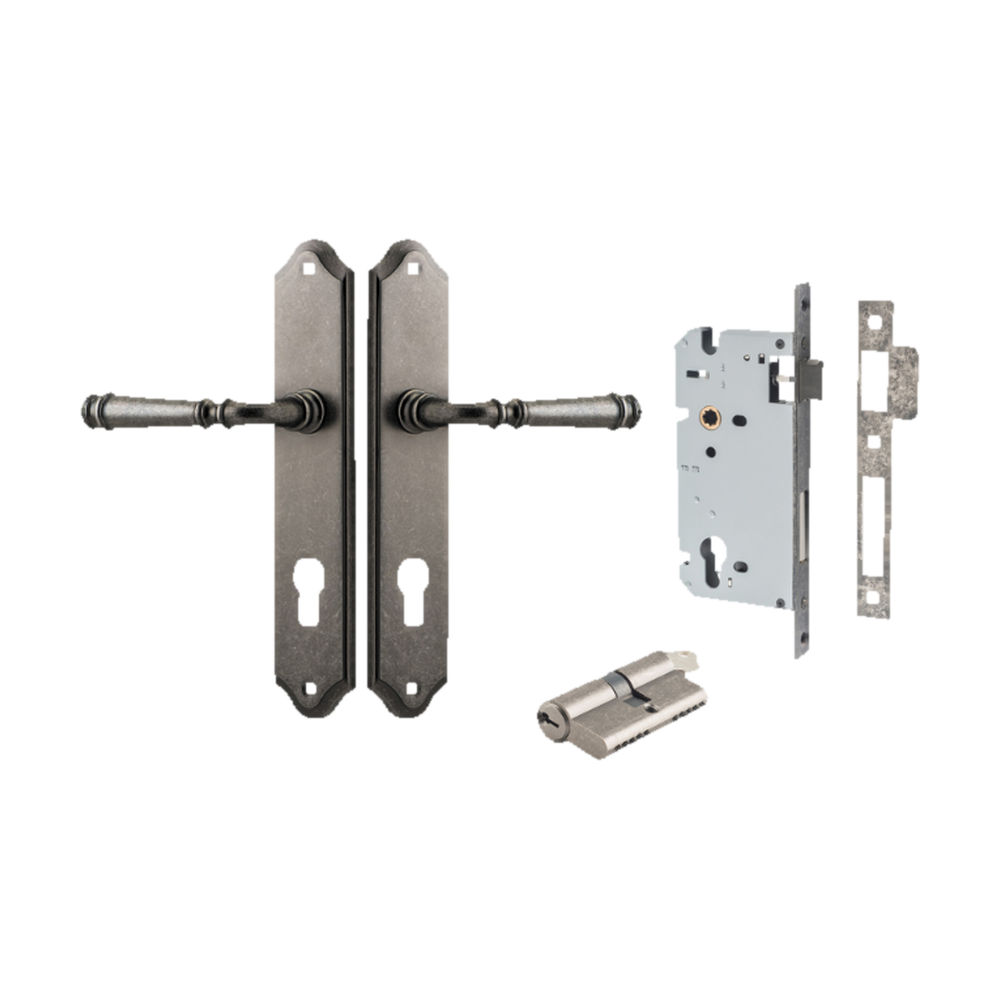 Door Lever Verona Shouldered Euro Distressed Nickel CTC85mm H240xW50xP59mm Entrance Kit Mortice Lock Euro Distressed Nickel CTC85mm Backset 60mm, Euro Cylinder Dual Function 5 Pin Distressed Nickel L65mm KA1 in Distressed Nickel