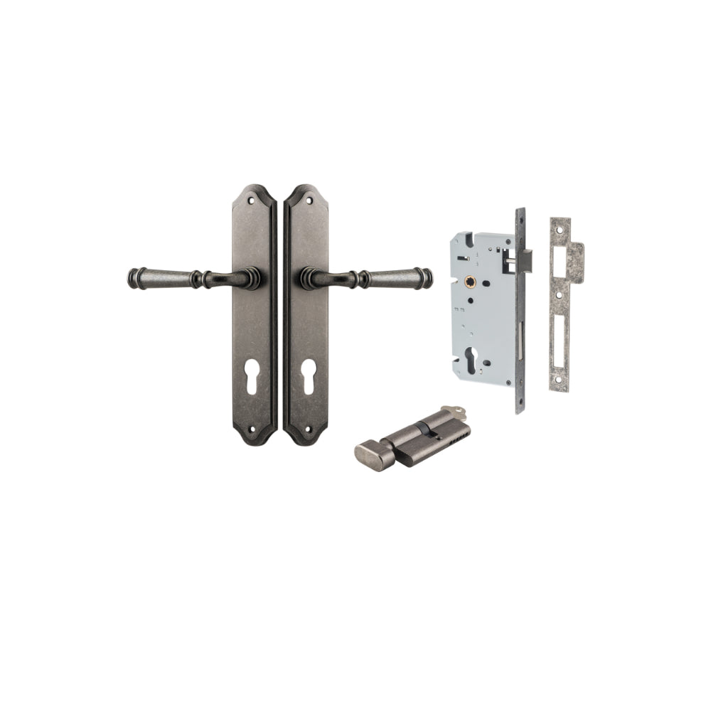 Door Lever Verona Shouldered Euro Distressed Nickel CTC85mm H240xW50xP59mm Entrance Kit Mortice Lock Euro Distressed Nickel CTC85mm Backset 60mm, Euro Cylinder Key Thumb 6 Pin Distressed Nickel L70mm KA1 in Distressed Nickel