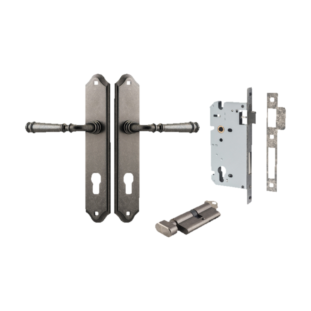 Door Lever Verona Shouldered Euro Distressed Nickel CTC85mm H240xW50xP59mm Entrance Kit Mortice Lock Euro Distressed Nickel CTC85mm Backset 60mm, Euro Cylinder Key Thumb 6 Pin Distressed Nickel L70mm KA1 in Distressed Nickel