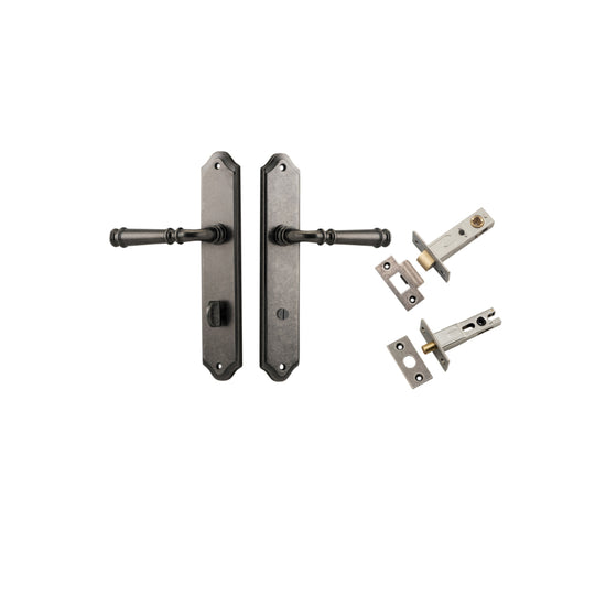 Door Lever Verona Shouldered Privacy Distressed Nickel CTC85mm H240xW50xP59mm Inbuilt Privacy Kit Tube Latch Split Cam 'T' Striker Distressed Nickel Backset 60mm, Privacy Bolt Round Bolt Distressed Nickel Backset 60mm in Distressed Nickel