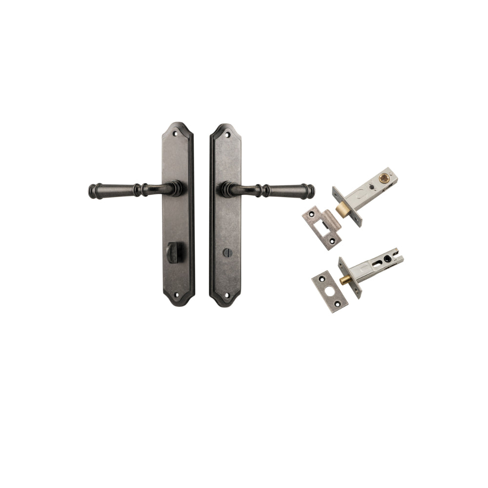 Door Lever Verona Shouldered Privacy Distressed Nickel CTC85mm H240xW50xP59mm Inbuilt Privacy Kit Tube Latch Split Cam 'T' Striker Distressed Nickel Backset 60mm, Privacy Bolt Round Bolt Distressed Nickel Backset 60mm in Distressed Nickel