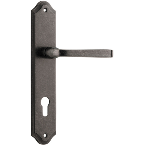 Pair of Iver Annecy lever on shouldered backplates, featuring elegant metal handles with decorative backplates for doors or furniture.