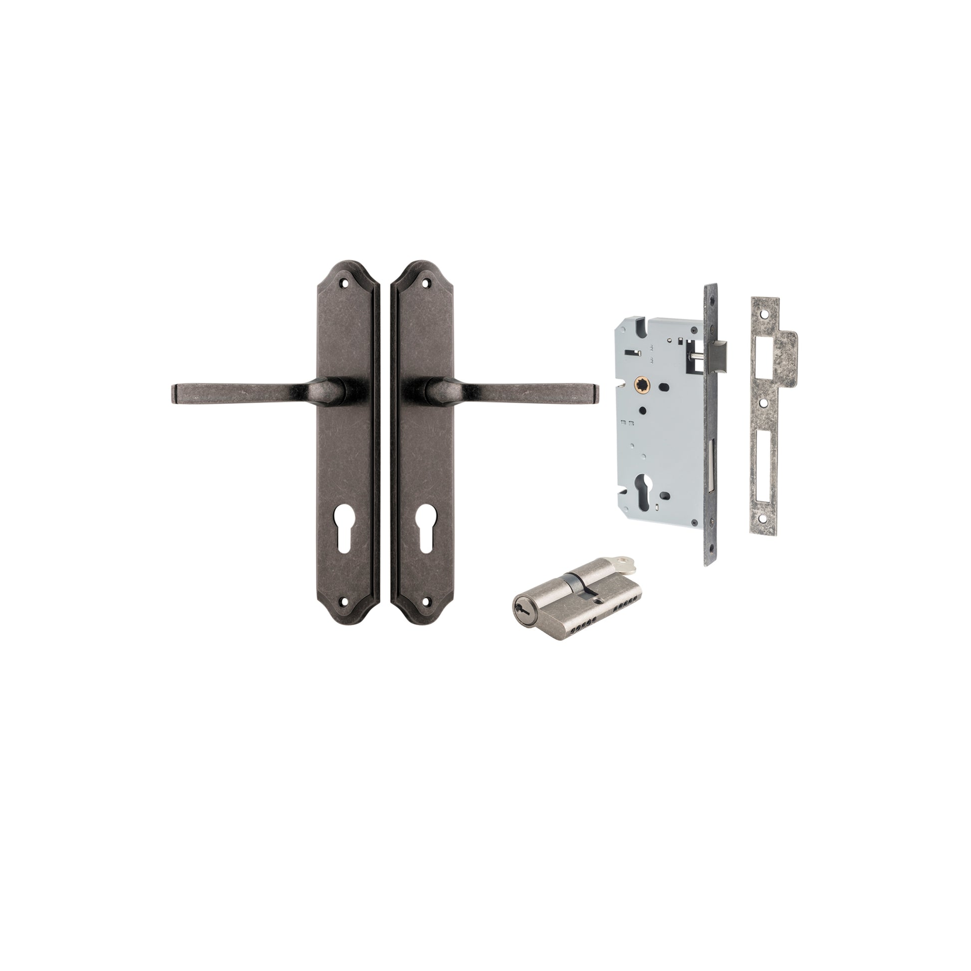 Door Lever Annecy Shouldered Euro Distressed Nickel CTC85mm H240xW50xP65mm Entrance Kit, Mortice Lock Euro Distressed Nickel CTC85mm Backset 60mm, Euro Cylinder Dual Function 5 Pin Distressed Nickel L65mm KA1 in Distressed Nickel