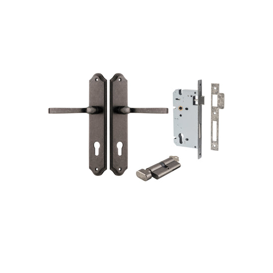 Door Lever Annecy Shouldered Euro Distressed Nickel CTC85mm H240xW50xP65mm Entrance Kit, Mortice Lock Euro Distressed Nickel CTC85mm Backset 60mm, Euro Cylinder Key Thumb 6 Pin Distressed Nickel L70mm KA1 in Distressed Nickel