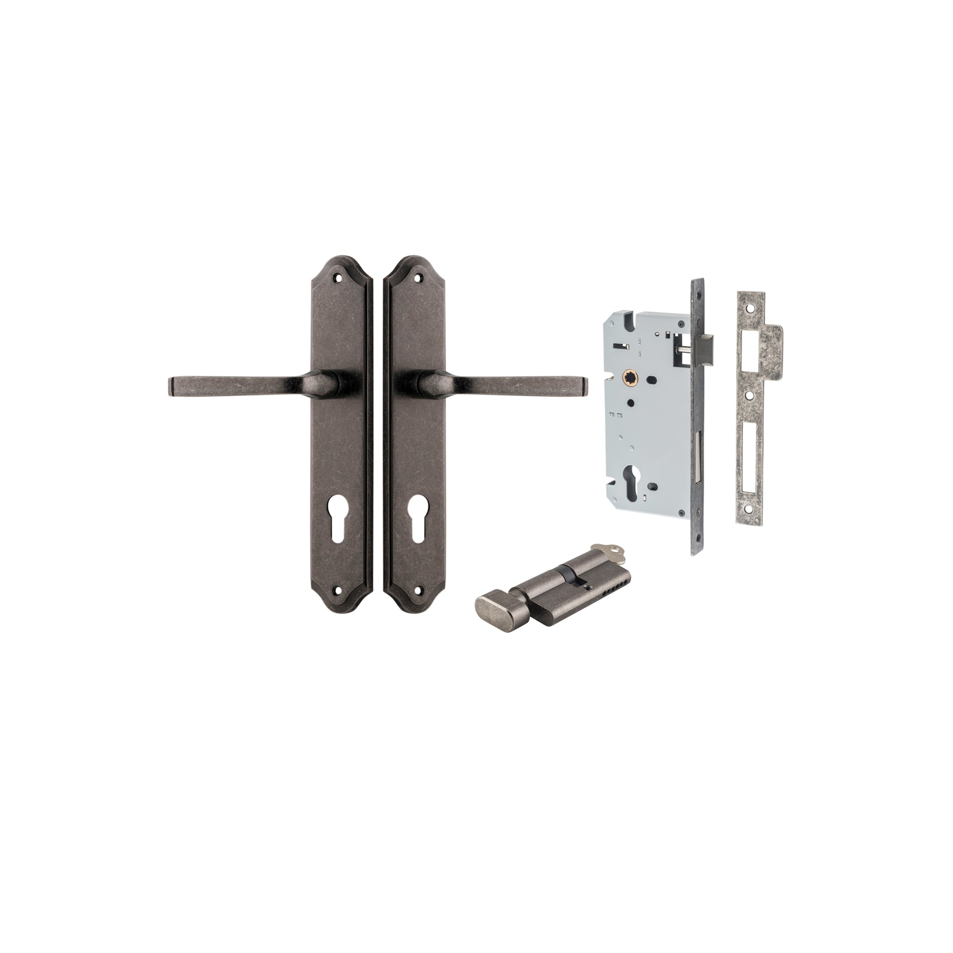 Door Lever Annecy Shouldered Euro Distressed Nickel CTC85mm H240xW50xP65mm Entrance Kit, Mortice Lock Euro Distressed Nickel CTC85mm Backset 60mm, Euro Cylinder Key Thumb 6 Pin Distressed Nickel L70mm KA1 in Distressed Nickel