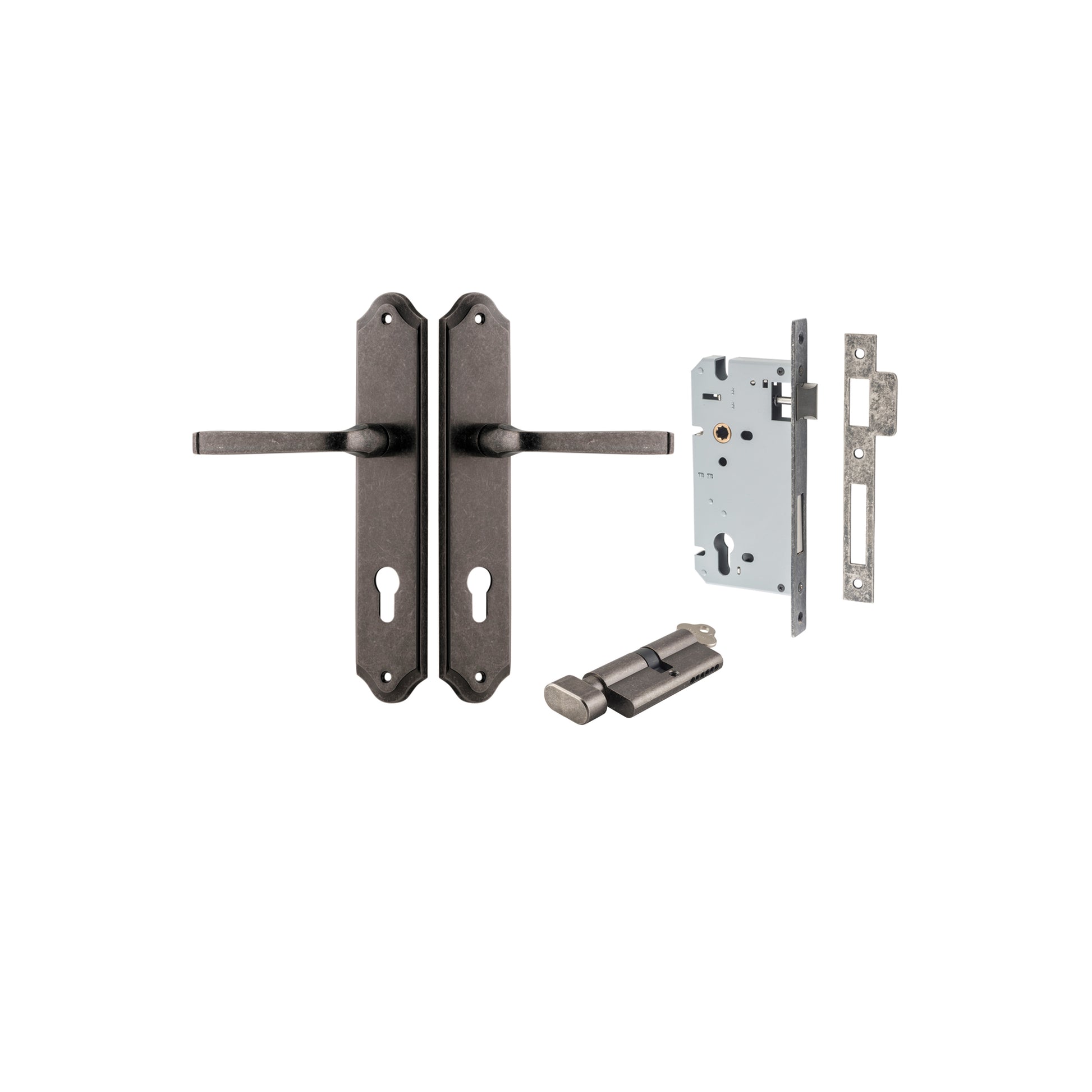 Door Lever Annecy Shouldered Euro Distressed Nickel CTC85mm H240xW50xP65mm Entrance Kit Mortice Lock Euro Distressed Nickel CTC85mm Backset 60mm, Euro Cylinder Key Thumb 6 Pin Distressed Nickel L70mm KA1 in Distressed Nickel
