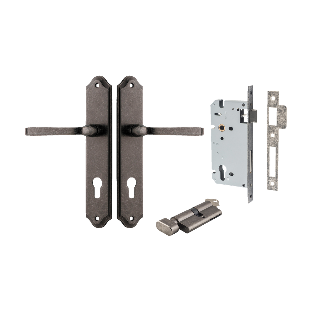 Door Lever Annecy Shouldered Euro Distressed Nickel CTC85mm H240xW50xP65mm Entrance Kit Mortice Lock Euro Distressed Nickel CTC85mm Backset 60mm, Euro Cylinder Key Thumb 6 Pin Distressed Nickel L70mm KA1 in Distressed Nickel