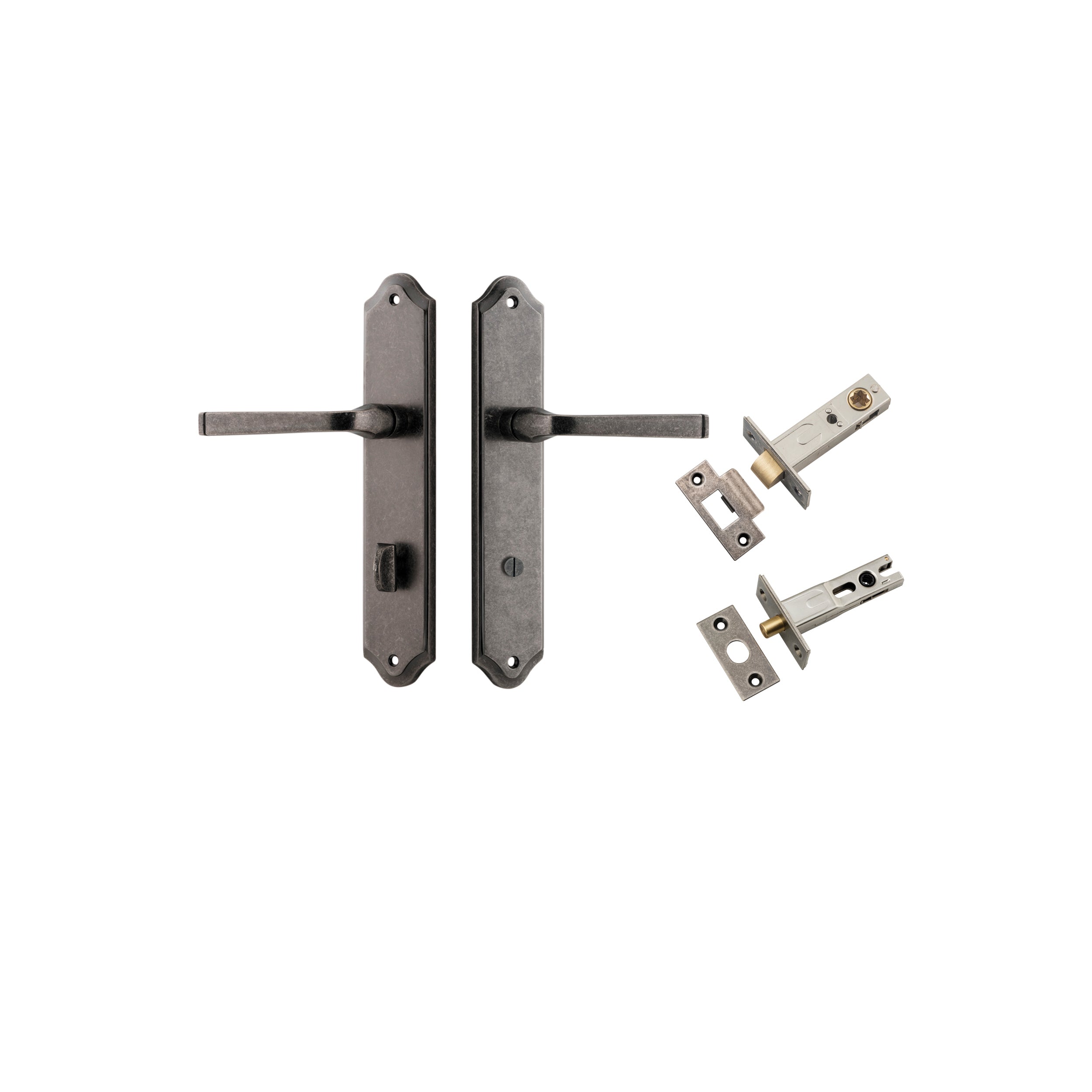 Pair of Iver Annecy lever handles on shouldered backplates with a sleek, modern design for interior doors.
