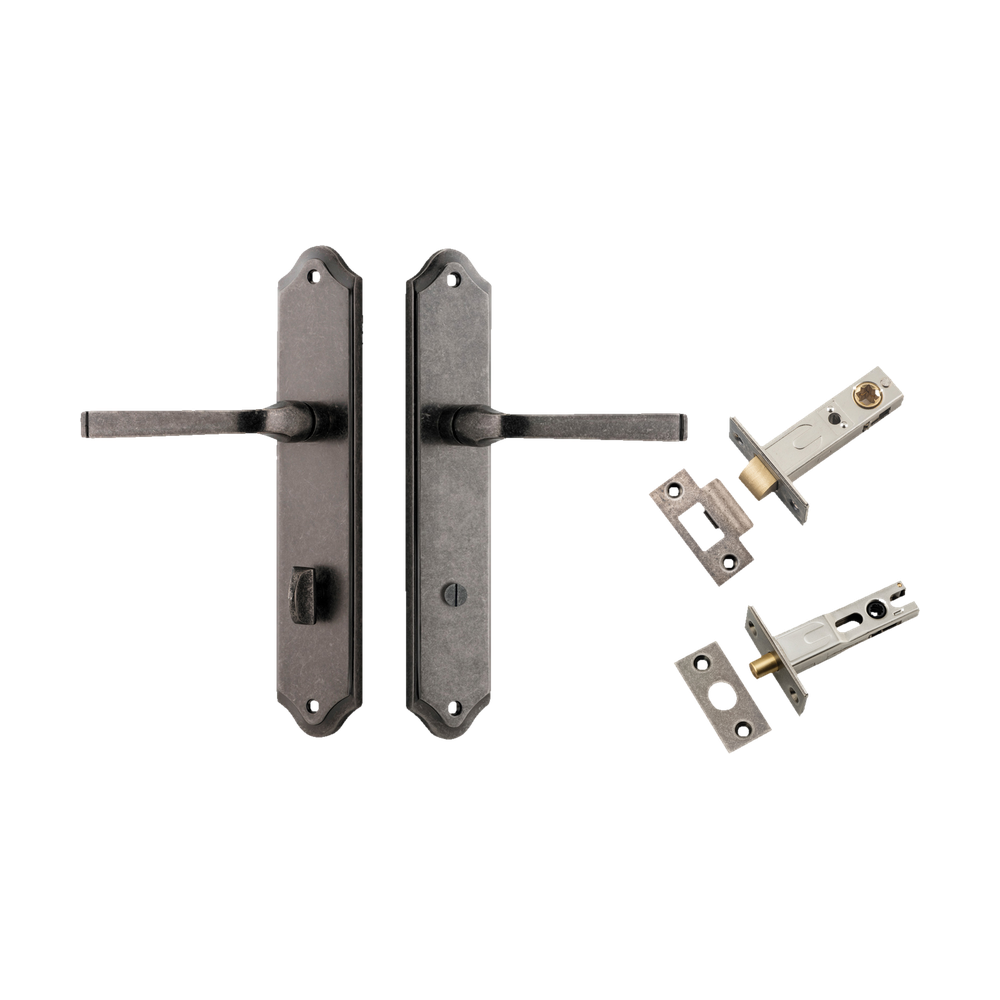 Door Lever Annecy Shouldered Privacy Distressed Nickel CTC85mm H240xW50xP65mm Inbuilt Privacy Kit Tube Latch Split Cam 'T' Striker Distressed Nickel Backset 60mm, Privacy Bolt Round Bolt Distressed Nickel Backset 60mm in Distressed Nickel