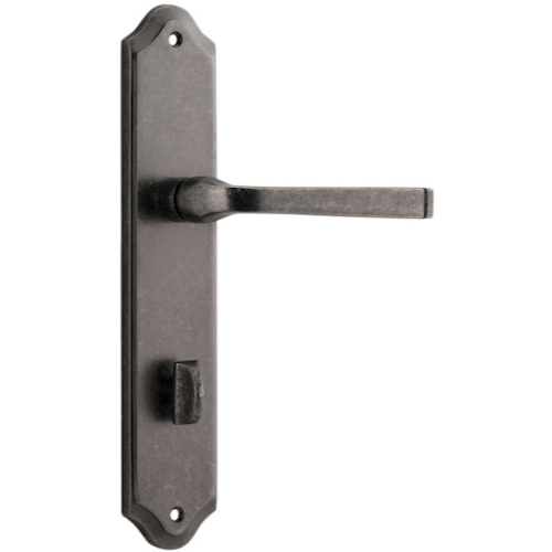 Pair of Iver Annecy lever handles on shouldered backplates with a sleek, modern design for cabinet or furniture doors.