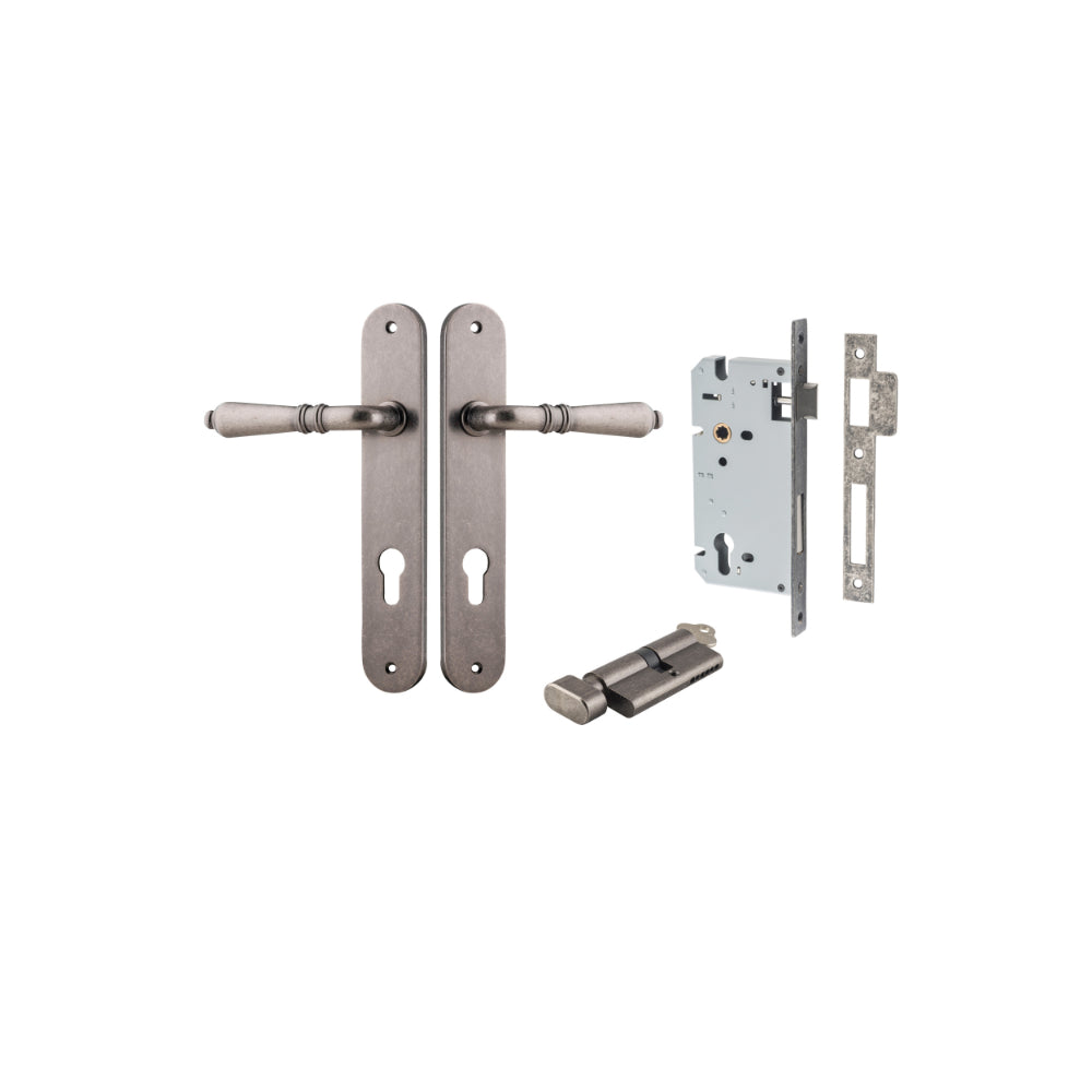 Door Lever Sarlat Oval Euro Distressed Nickel CTC85mm H240xW40xP55mm Entrance Kit Mortice Lock Euro Distressed Nickel CTC85mm Backset 60mm, Euro Cylinder Key Thumb 6 Pin Distressed Nickel L70mm KA1 in Distressed Nickel