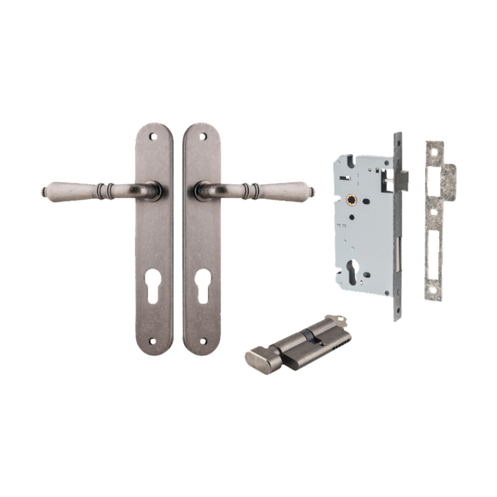 Door Lever Sarlat Oval Euro Distressed Nickel CTC85mm H240xW40xP55mm Entrance Kit Mortice Lock Euro Distressed Nickel CTC85mm Backset 60mm, Euro Cylinder Key Thumb 6 Pin Distressed Nickel L70mm KA1 in Distressed Nickel
