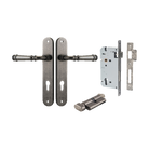 Door Lever Verona Oval Euro Distressed Nickel CTC85mm H240xW40xP59mm Entrance Kit Mortice Lock Euro Distressed Nickel CTC85mm Backset 60mm, Euro Cylinder Key Thumb 6 Pin Distressed Nickel L70mm KA1 in Distressed Nickel