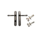 Door Lever Verona Oval Privacy Distressed Nickel CTC85mm H240xW40xP59mm Inbuilt Privacy Kit Tube Latch Split Cam 'T' Striker Distressed Nickel Backset 60mm, Privacy Bolt Round Bolt Distressed Nickel Backset 60mm in Distressed Nickel