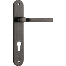 Pair of Iver Annecy lever handles on oval backplates, featuring elegant brass finish and classic design for interior doors.