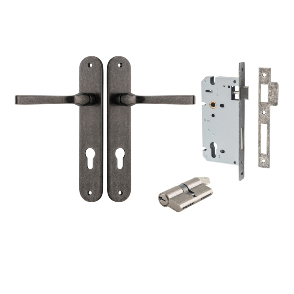 Door Lever Annecy Oval Euro Distressed Nickel CTC85mm H240xW40xP62mm Entrance Kit, Mortice Lock Euro Distressed Nickel CTC85mm Backset 60mm, Euro Cylinder Dual Function 5 Pin Distressed Nickel L65mm KA1 in Distressed Nickel
